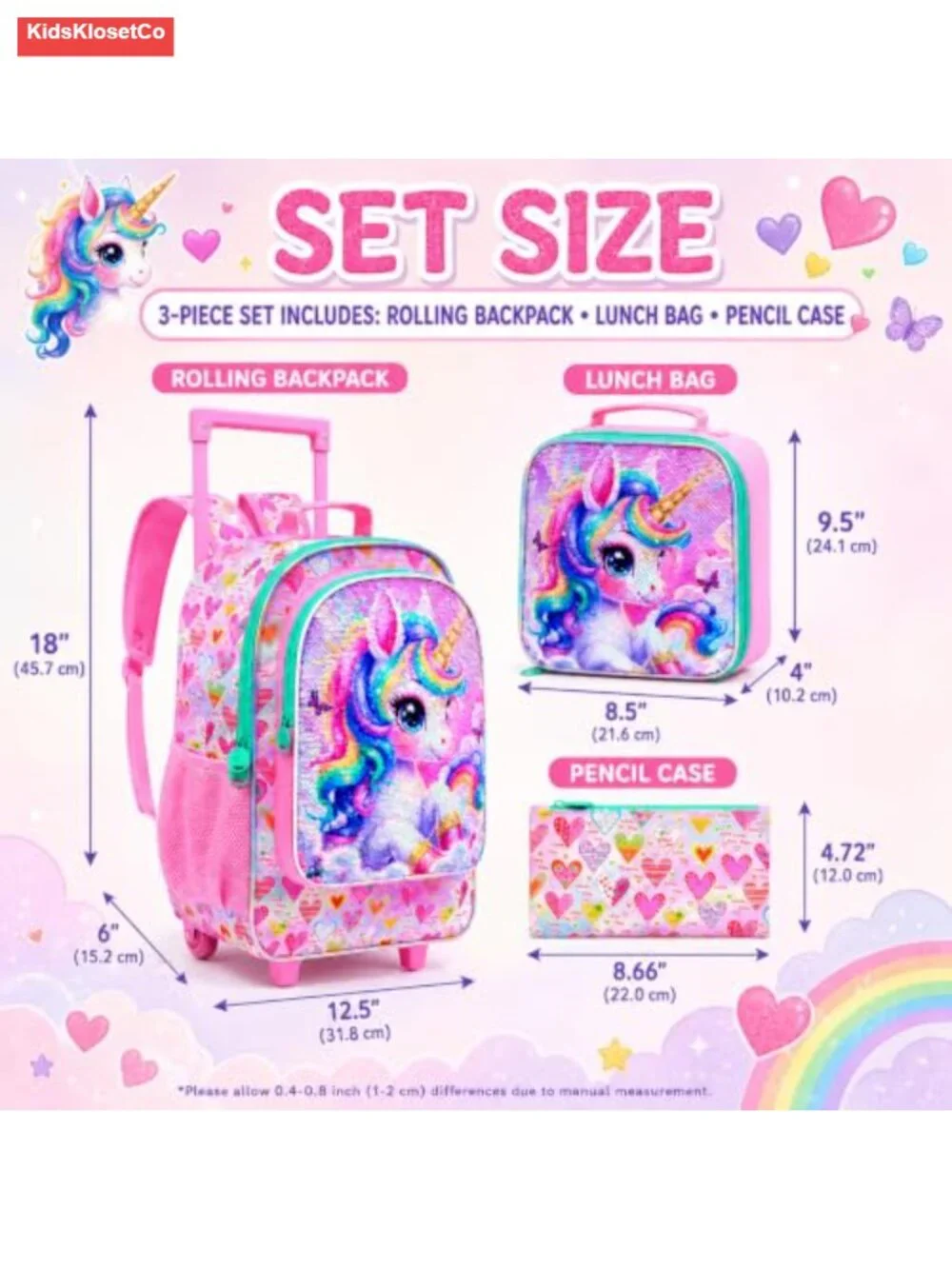 Kids Rolling Backpack with Lunch Bag, Wheeled Bookbag, Polyester, School